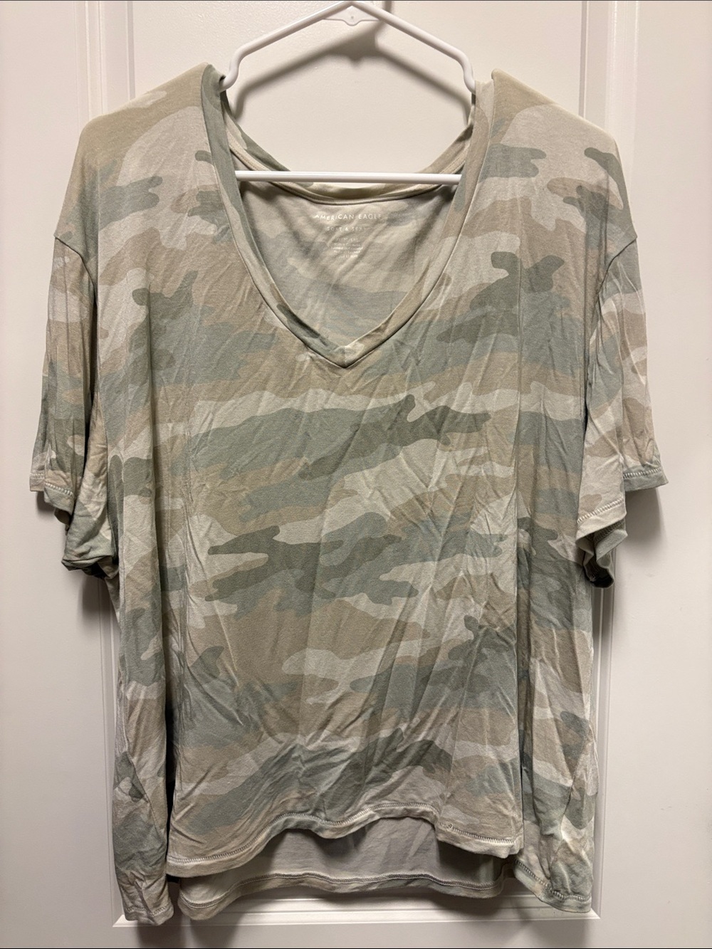 American Eagle AE soft & sexy Short-Sleeve V-Neck Camo Tee - Light Green/Beige